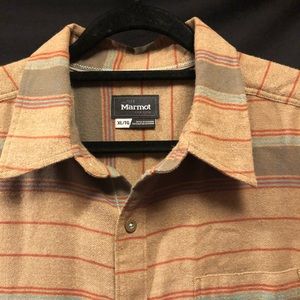 Marmot Men’s Button Front Flannel Shirt Brown Yellow Plaid Long Sleeve, XL